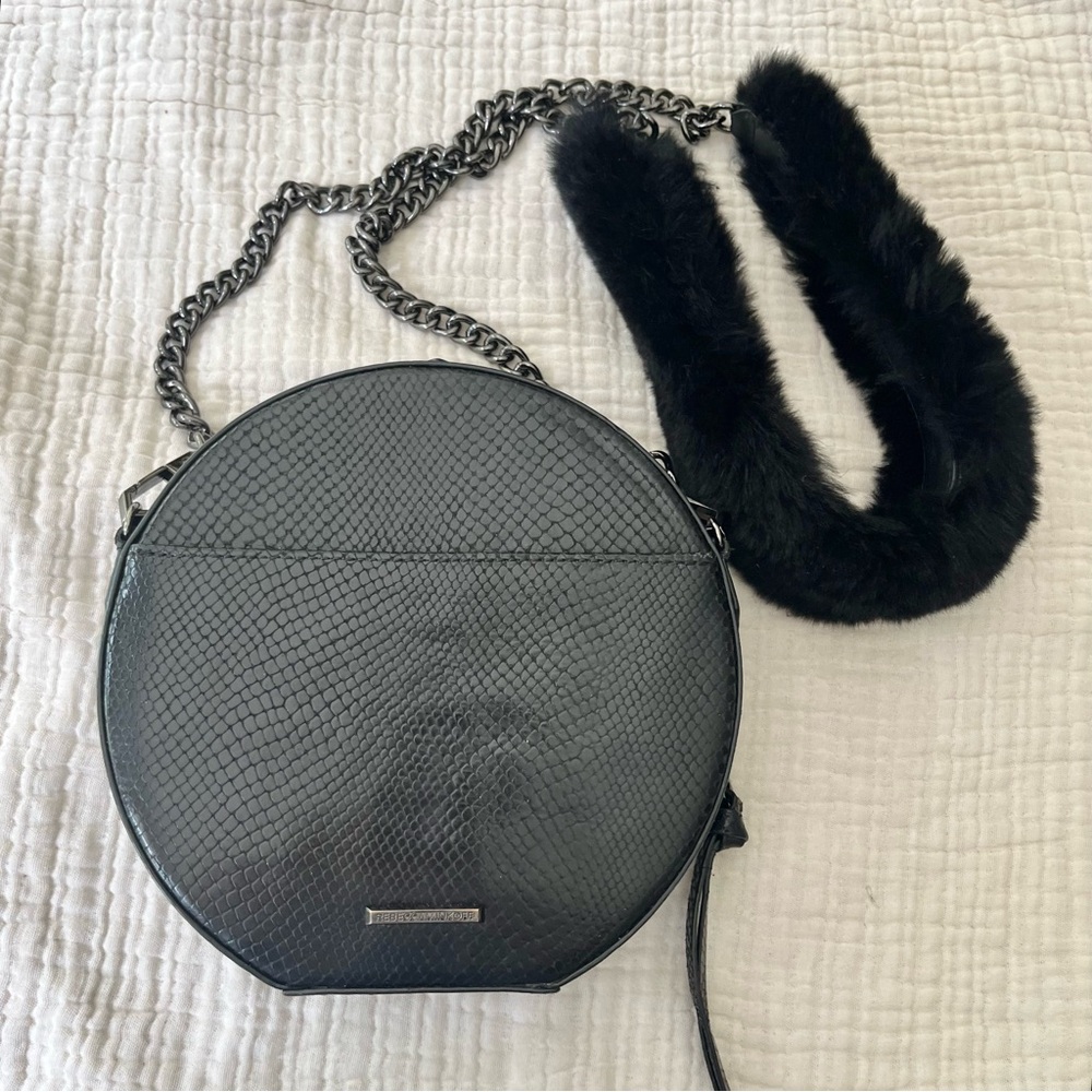 Rebecca Minkoff | Black Canteen Leather and Fur Guitar Strap Crossbody Bag Purse